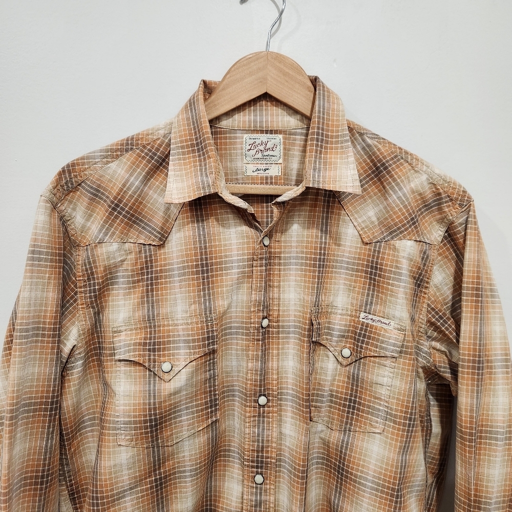 Lucky Brand Shirt Mens Large Brown 100% Cotton Pearl Snap Stretch Plaid Western - Picture 2 of 10